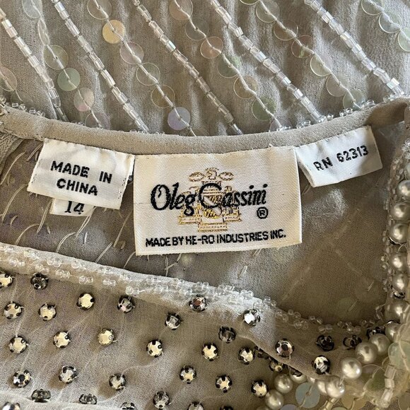 90s Vintage Oleg Cassini Long Sleeve Sequin and Bead Covered Silk Gown Size 14 - Picture 10 of 11